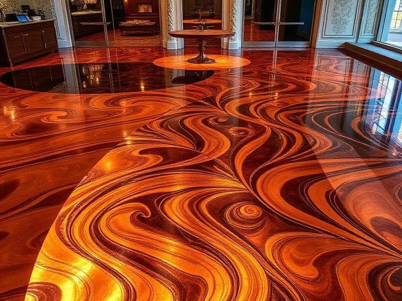 Highly reflective orange, copper and black marbled floor with flowing swirls in a room with wood cabinetry.